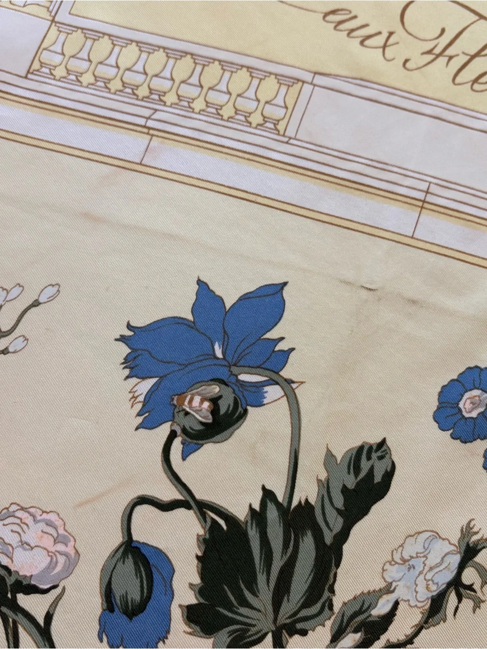 Authentic Hermes Yellow Floral Silk Scarf with Blue and Pink Accents